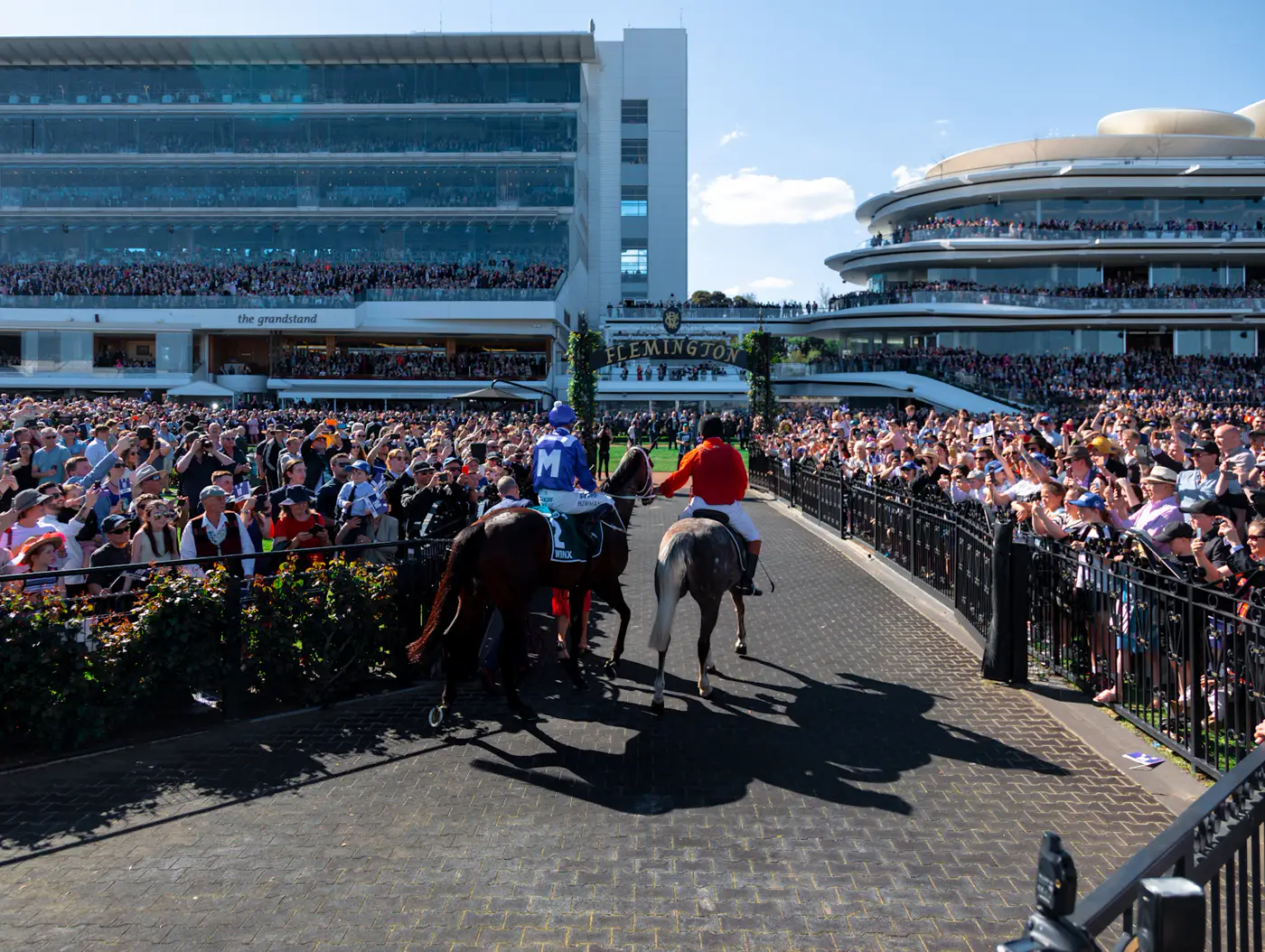 Racegoers and horses on parade before a big race